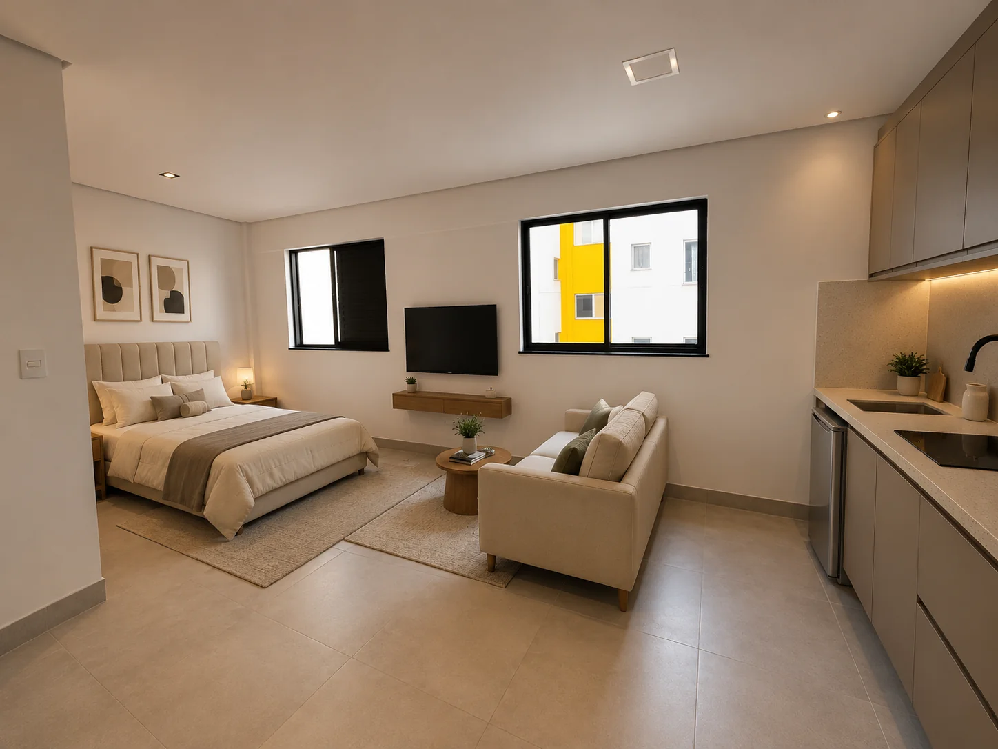Perspectiva mobiliada ilustrativa do studio Green Seven Residence